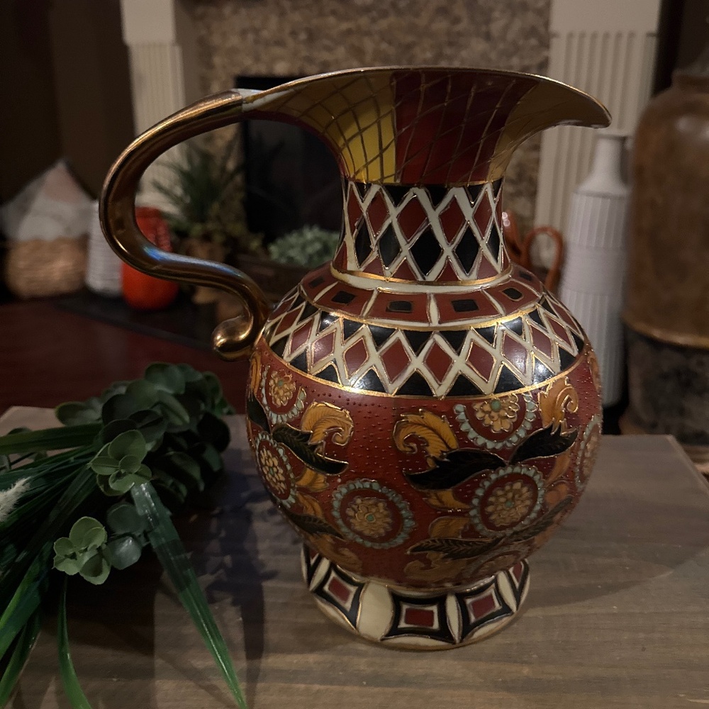 Baum Brothers Ceramic Vase/Planter Decorative Hand Painted Asian Handles Leaves